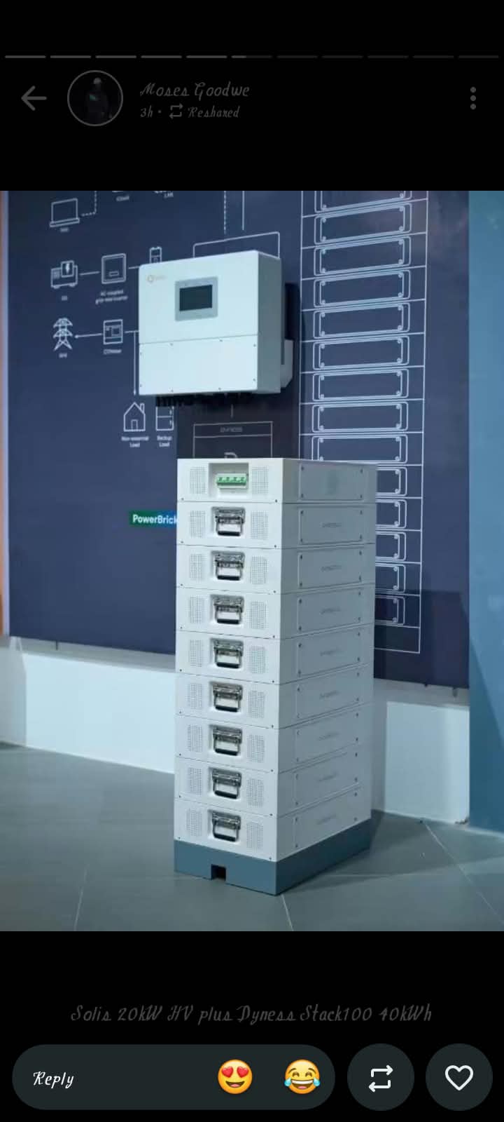 Solis 20kW HV hybrid inverter paired with Dyness Stack100 40kWh modular battery stack