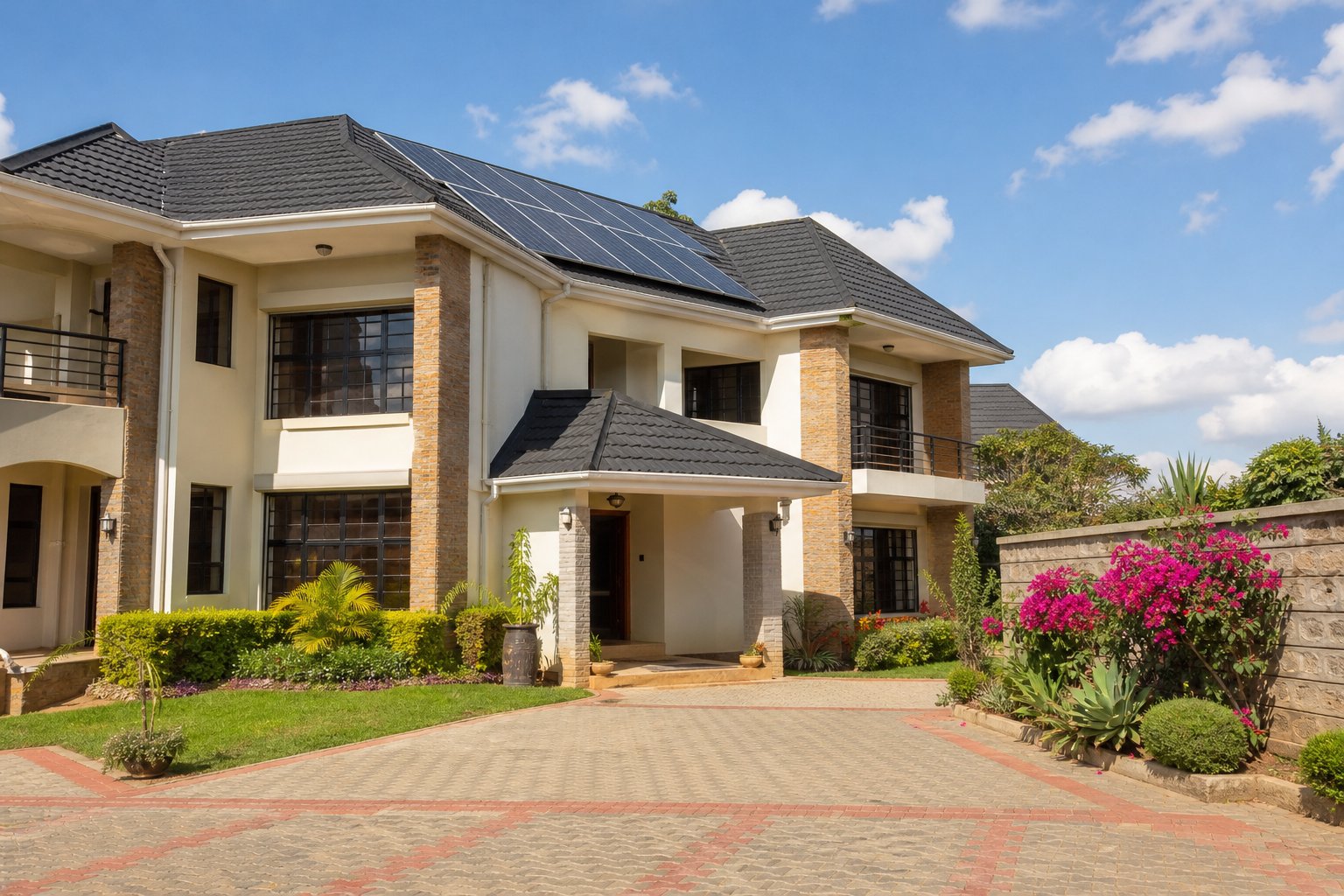 Modern Kenyan two-storey home with rooftop solar panels installed on a pitched Decra roof under bright sunshine