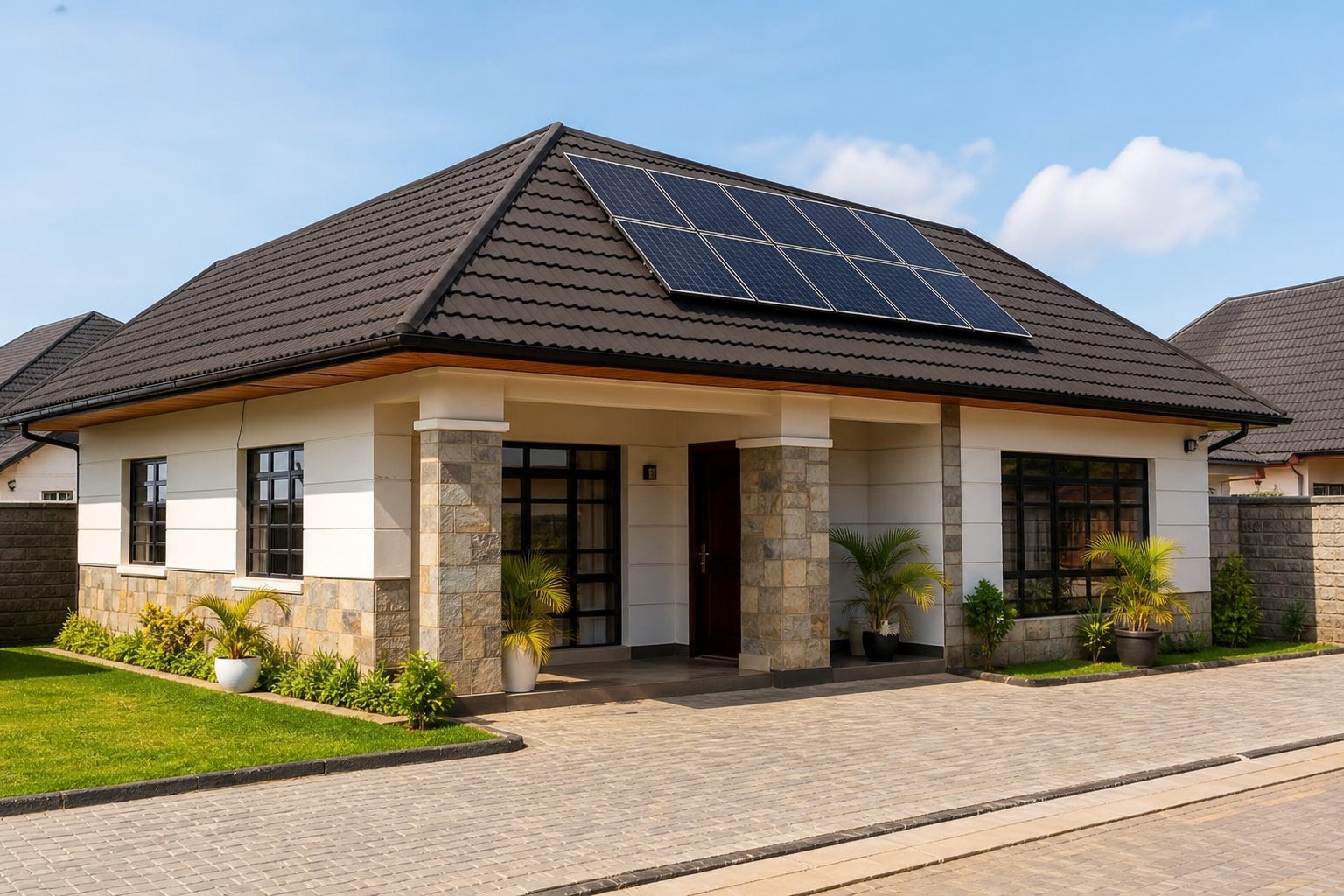 Modern 3-bedroom Kenyan bungalow with 6 rooftop solar panels on a dark Decra roof and cabro driveway