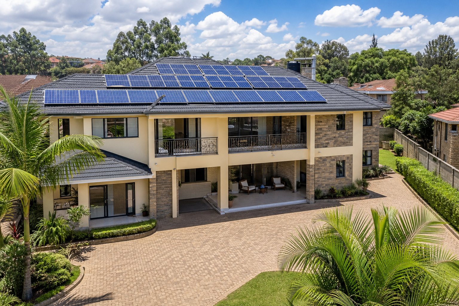 Large Kenyan executive residence compound with 34 rooftop solar panels and cabro courtyard
