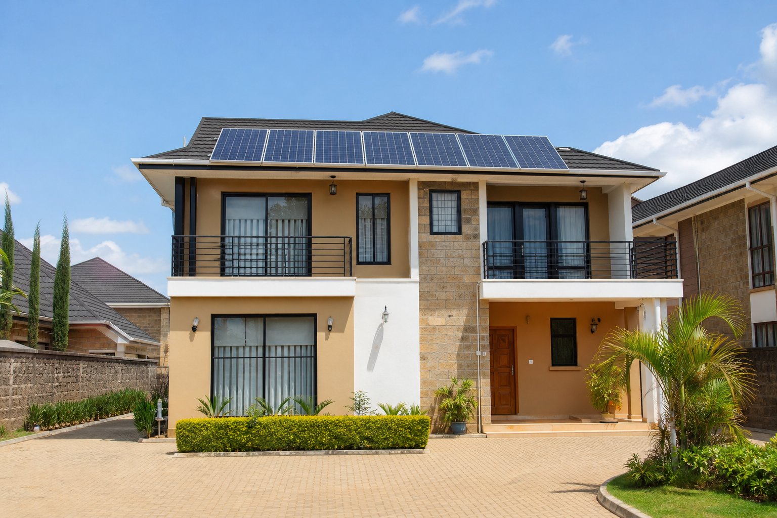 Modern 4-bedroom Kenyan family maisonette with 10 rooftop solar panels and cabro driveway